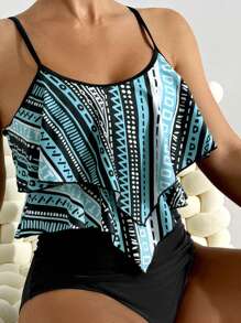 Swim Lushoire 2pcs Tankini Set Print Summer Beach Double Layer Ruffle Hem Cami Top & Shorts Set - Multicolor - View 1