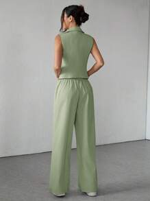 SHEIN PETITE Two Pieces Fall Outfits 2pcs/Set Women Solid Color Sleeveless Top And Pants Fall Clothes - Green - View 2