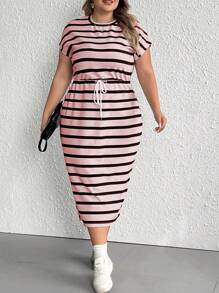 SHEIN CURVE+ Plus Size Casual Round Neck Striped Dress - Multicolor - View 1