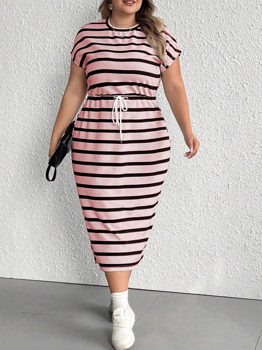 SHEIN CURVE+ Plus Size Casual Round Neck Striped Dress - Multicolor - View 1