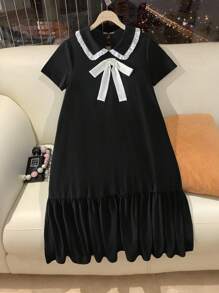 Girls' Casual Stylish School Style Short Sleeve Loose Mid-Length Colorblock Bow Decor Dress - Black - View 3