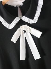 Girls' Casual Stylish School Style Short Sleeve Loose Mid-Length Colorblock Bow Decor Dress - Black - View 6