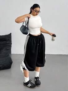 POPSWAY Plus Size Women's Spring/Summer Black Casual Sports Street Style Knit White Lace-Up Bermuda Shorts