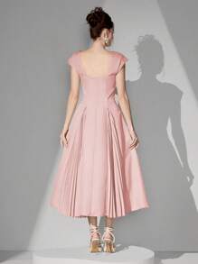 Poshira 女士纯色方领插肩袖褶饰优雅晚礼服（华丽装饰）、派对礼服、舞会礼服 - 粉色 - 查看 2