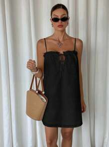 SHEIN Frenchy Đầm mini thêu khoét rỗng màu trơn cho nữ - màu đen - Xem 3