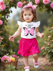 2pcs Baby Girls Spring/Summer Cute Cap Sleeve Butterfly Print Top & Ruffle Hem Shorts Set - White - View 1