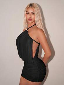 SHEIN ICON Mini rochie mulata, încrucișată, cu gât drapat adânc, cu talie adunată - Negru - Vizualizare 4
