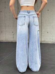 SHEIN EZwear Women Casual Distressed Straight Leg Jeans - Blue - View 2