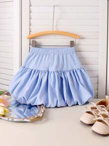 SHEIN Young Girl Blue Elegant Fashion Cute 3D Bow Fluffy Bubble Skirt, Versatile Stylish Puff Mini Skirt, Unique And Adorable Summer Wear