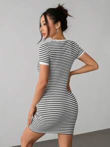 SHEIN PETITE 女士休闲条纹紧身迷你连衣裙，夏季 - 白色 - 查看 2
