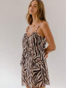 Aralina 夏季冬季荷叶边动物印花性感粉色迷你连衣裙 - 黑與白 - 查看 6