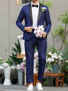 Manfinity Mode Men's Shawl Collar Long Sleeve Jacket And Pants Suit Set - Navy Blue - View 8