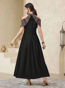 Al Najma Women's Elegant Contrast Color Off Shoulder A-Line Dress, Summer - Black - View 2