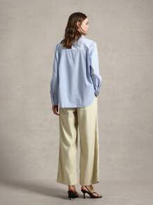 女士条纹印花前开襟长袖衬衫，夏季商务休闲女装 - 藍色 - 查看 8