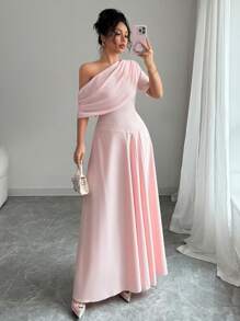 Rafferiza 女士优雅不对称肩短袖雪纺拼接 A 字连衣裙 - 粉色 - 查看 3