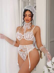 3 件套女士浪漫性感婚礼内衣套装，白色情人节贴身内衣