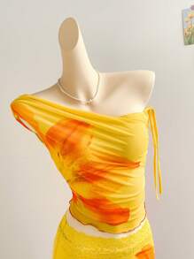 Soleia Set de 2 piezas con top corto de malla de punto con estampado de flores tie-dye y falda larga de estilo cola de sirena, conjunto de atuendo para vacaciones