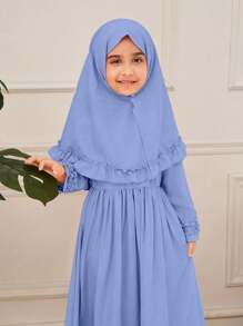 Young Girl A-Line Ruffle Trim & Headscarf Long Dress - Blue - View 4
