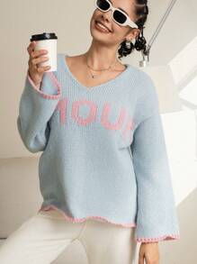 INAWLY Damen Loose Buchstaben Muster Dropped Shoulder Langarm Lässig Pullover, Herbst & Winter, Strick Pullover - Verschiedenfarbig - Übersicht 5