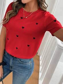 SHEIN Frenchy 女士针织心形图案圆领短袖毛衣，简约时尚 - 紅色 - 查看 6