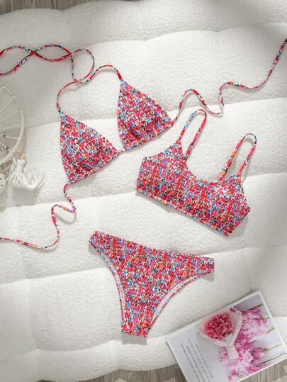 SHEIN Swim 3pcs Women's Summer Ditsy Floral Bow Decor Tankini Swimsuit Set