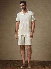 Manfinity VCAY 2pcs Knitted Close-Fitting Polo Collar Casual Suit Set, Suitable For Summer - Apricot - View 5