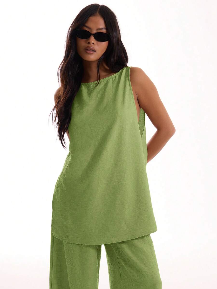 MUSERA 无袖长款亚麻质感上衣，度假海滩优雅宽松机场假日海滩婚礼宾客外出上衣，优雅春夏节日嘉年华必备。 - 橄欖綠 - 查看 1