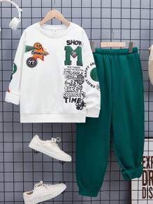 SHEIN Tween Boys' Casual Letter Print Round Neck Sweatshirt And Solid Color Thermal Lined Jogger Pants 2 Pieces Set, Thickened