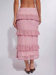 COSMINA Women's Elegant Multi-Layer Ruffle Hem Long Skirt - Pink - View 2