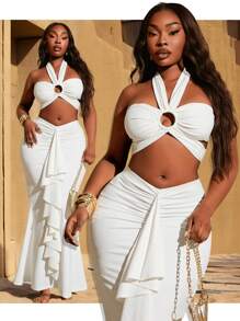 SHEIN SXY 一套加大码女装春夏新款镂空圆环露背性感上衣搭配V领腰部褶皱荷叶边鱼尾裙，婚礼季两件套，适合日常穿着、音乐节、演唱会、狂欢派对、海滩度假、约会之夜、生日派对、单身派对、夜店、可爱休闲、购物、街头风、外出等场合，易于搭配，显瘦，凸显身材，展现迷人曲线。 - 白色 - 查看 8