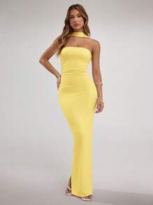 SHEIN BAE Đầm suông cổ yếm xếp ly màu trơn thanh lịch cho nữ - Màu vàng - Xem 3