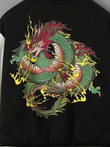 SHEIN 年轻男孩舒适休闲龙纹拼色羊毛棒球夹克 - 黑色 - 查看 4