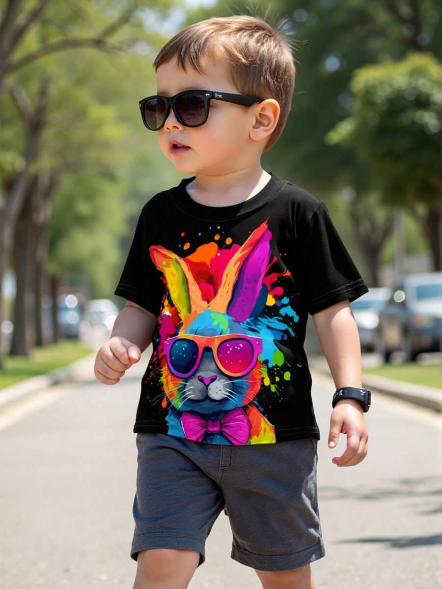Young Boys' Fashionable Colorful Tie-Dye Rabbit Pattern Short Sleeve Round Neck T-Shirt, Casual Summer - Black - View 1
