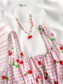 SHEIN Teen Girls Pink Sweet Plaid Cherry Print One-Piece Swimsuit Summer,Beach Outfit Bathing Suit Summer,Summer Beach - Pink - View 7