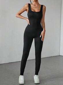 SHEIN PETITE Women's Solid Color Round Neck Backless Sleeveless Jumpsuit, Black Clothes - Black - View 7