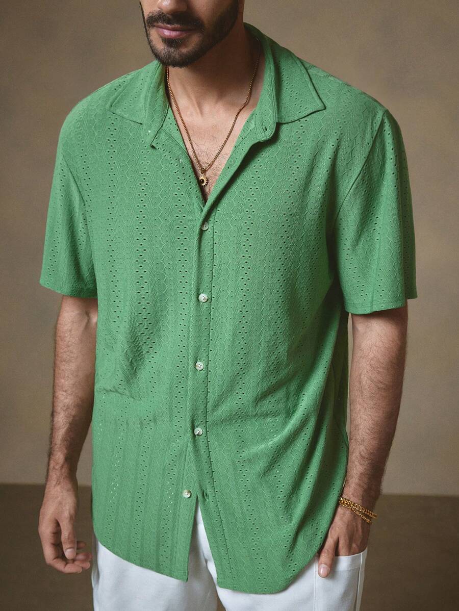 Manfinity VCAY Camisa Casual Masculina de Manga Curta com Gola Virada, Tecido Jacquard Tricotado - Azul - Visão 1