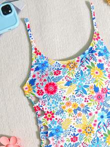 SHEIN Swim بدلة سباحة نسائية قطعة واحدة مكشوفة الظهر بطبعات زهور متناثرة بطيات، أنيقة لأجازات الشاطئ - متعدد الألوان - مشاهدة 6