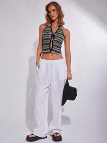 COSMINA Women's Full Print Front Button Cropped Halter Neck Top