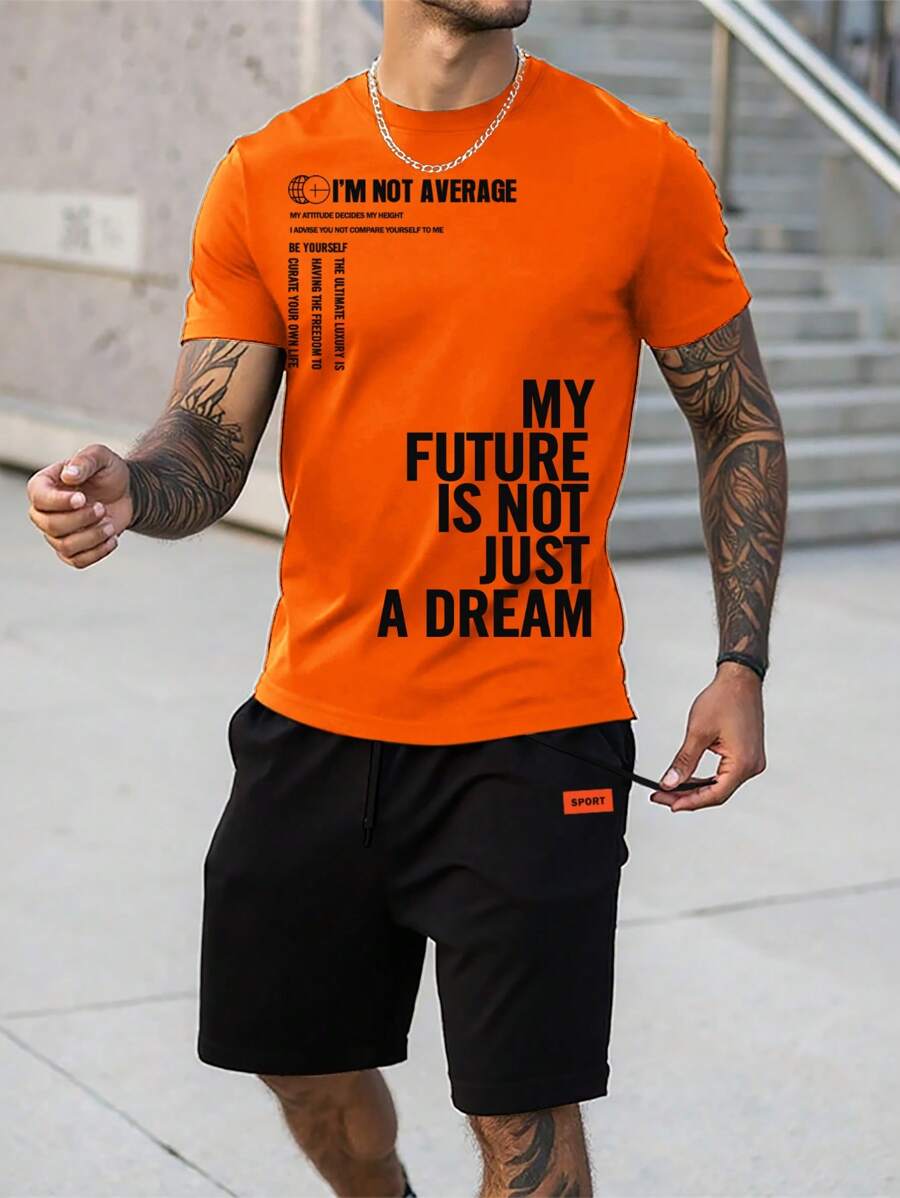 Manfinity Homme 2pcs/Set Men Slogan Print Round Neck Short Sleeve Casual T-Shirt And Drawstring Waist Shorts Set - Multicolor - View 1