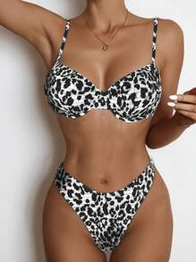Swim Vcay Beach Halter Tankini 2 Pieces Swimwear Set, Random Print For Summer Beach Vacation - Black and White - View 1