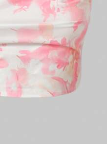 女童两件套花卉印花露背上衣和裙子套装，度假乡村甜美风格 - 粉色 - 查看 7