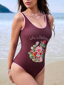 Strawberry Shortcake X SHEIN 女式卡通休闲可爱棕粉色撞色边饰字母图案连体泳衣