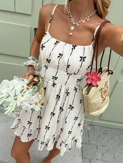 SHEIN Frenchy Women Casual Vacation Butterfly Print Spaghetti Strap Short Dress,Summer Dresses For Women Flower White