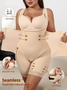 SHEIN Plus Size Minimalist Lace Patchwork Romper - Apricot - View 4