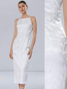Aveloria Modichic White Feather Jacquard Textured Satin Fabric Women Elegant Romantic Minimalist Luxury Sleeveless Spaghetti Strap Dress, Suitable For Wedding Season