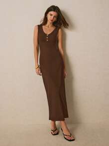 Poéselle Women's Button Design V-Neck Sleeveless Long Casual Dress,Business Casual Woman,Summer Dresses For Women - Brown - View 2