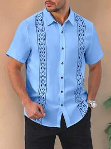 Manfinity Homme Men's Simple And Fashion Short Sleeve Shirt, Suitable For Summer Plus Size Men - Baby Blue - View 4