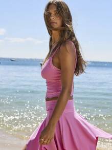 Aralina 平纹蕾丝边蝴蝶结吊带修身性感吊带背心 - 玫紅色 - 查看 7