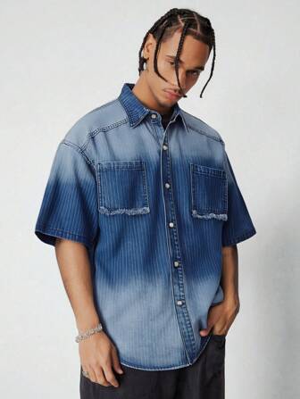 Street Life Camisa vaquera de manga corta y efecto lavado y degradado para hombre