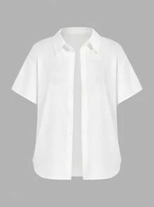 SHEIN MOOSTA 大码春夏三件套：白色短袖衬衫、撞色黑色吊带背心、休闲工装短裤 - 黑與白 - 查看 7